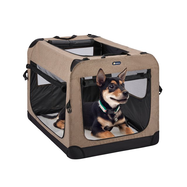 Veehoo Folding Soft Dog Crate, 3Door Pet Kennel, 600D Cationic Oxford Fabric, 20", Beige Coffee