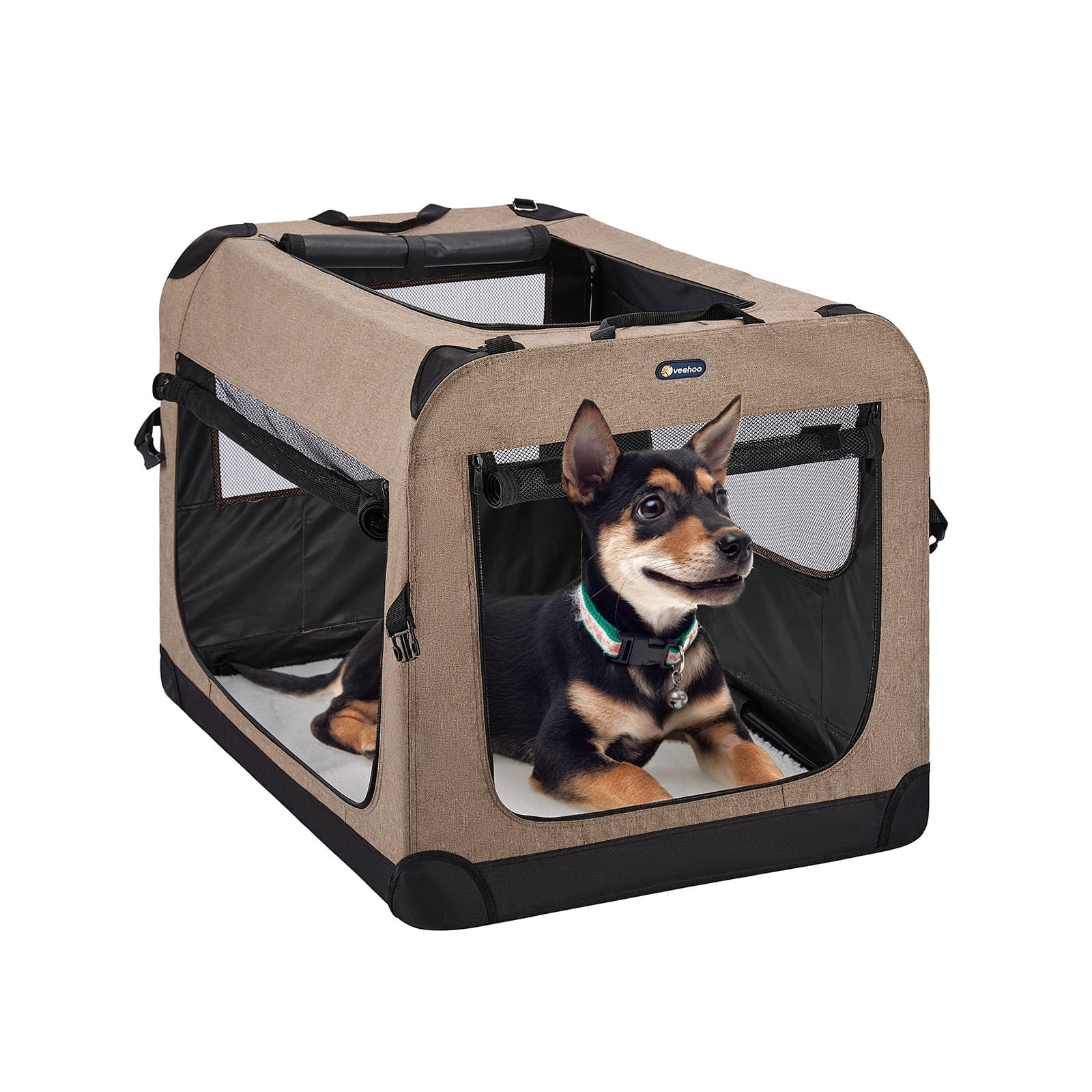 Veehoo Folding Soft Dog Crate, 3-Door Pet Kennel, 600D Cationic Oxford ... - Soft Dog Crate Threads For Casual Dining