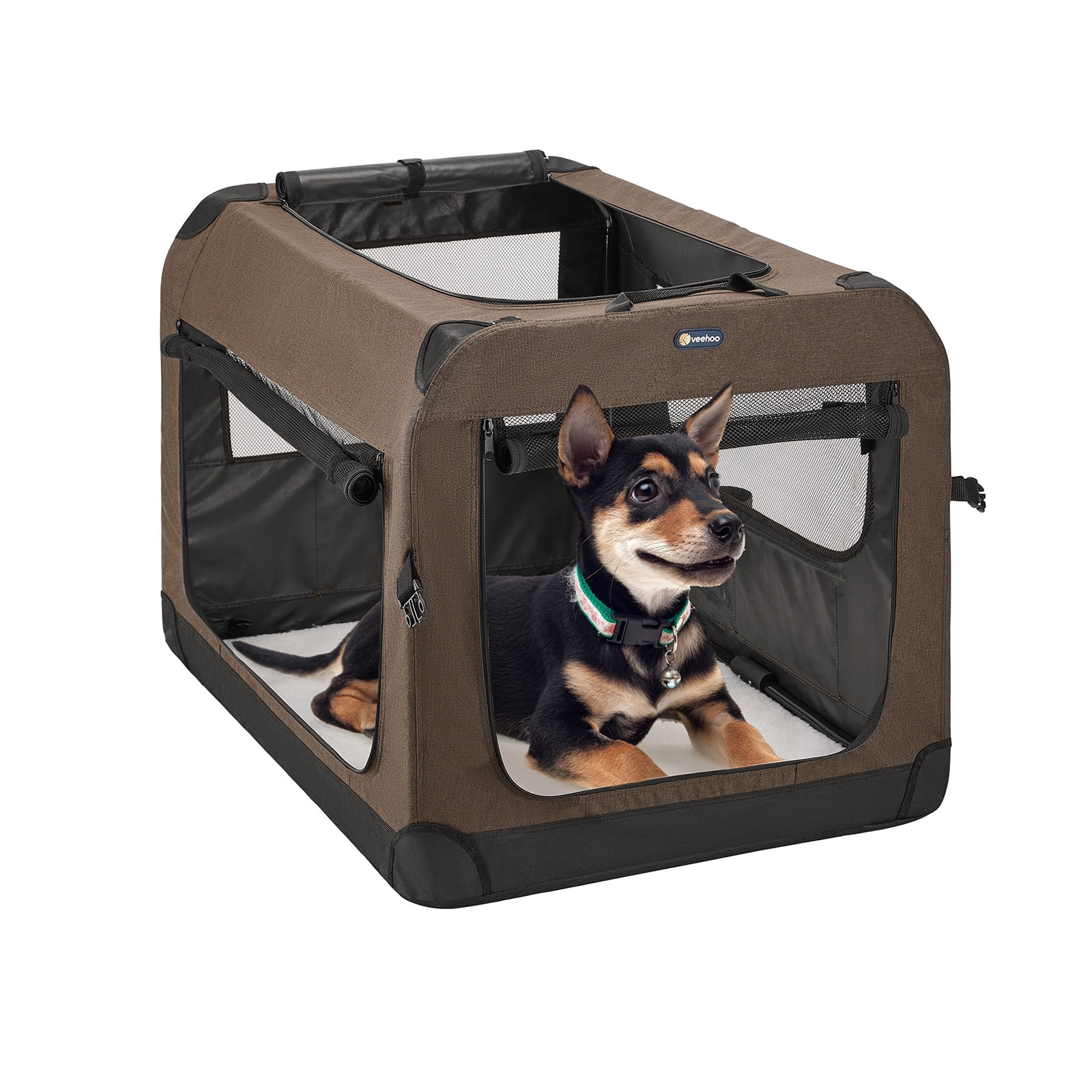 Image showcasing Veehoo Folding Soft Dog Crate, 3-Door Pet Kennel, 600D Cationic Oxford ...