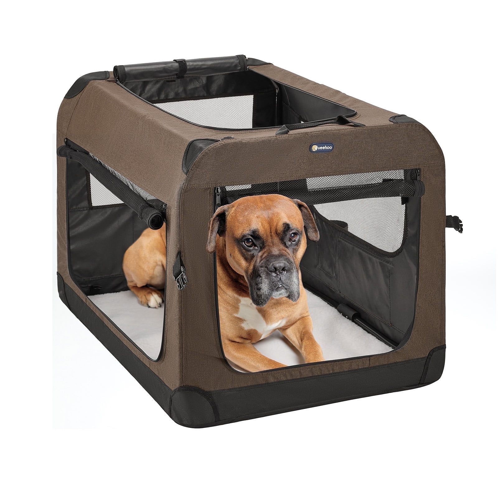 Veehoo Folding Soft Dog Crate, 3-Door Pet Kennel, 600D Cationic