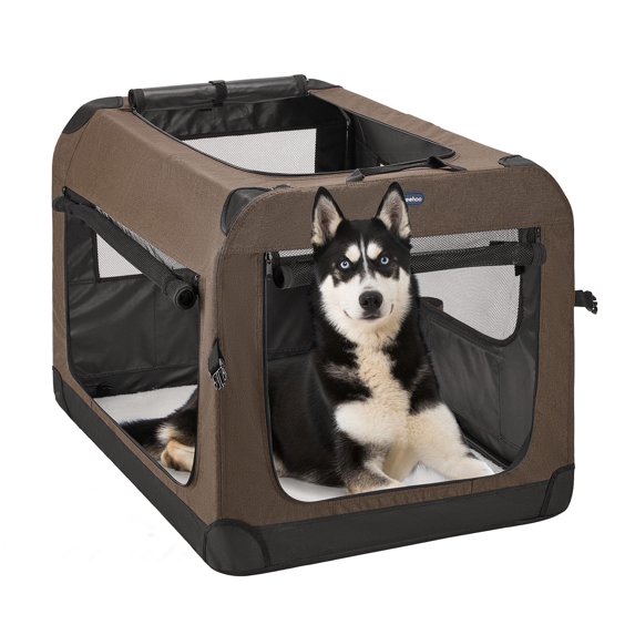 Veehoo Folding Soft Dog Crate, 3-Door Pet Kennel, 600D Cationic Oxford Fabric, 32", Brown