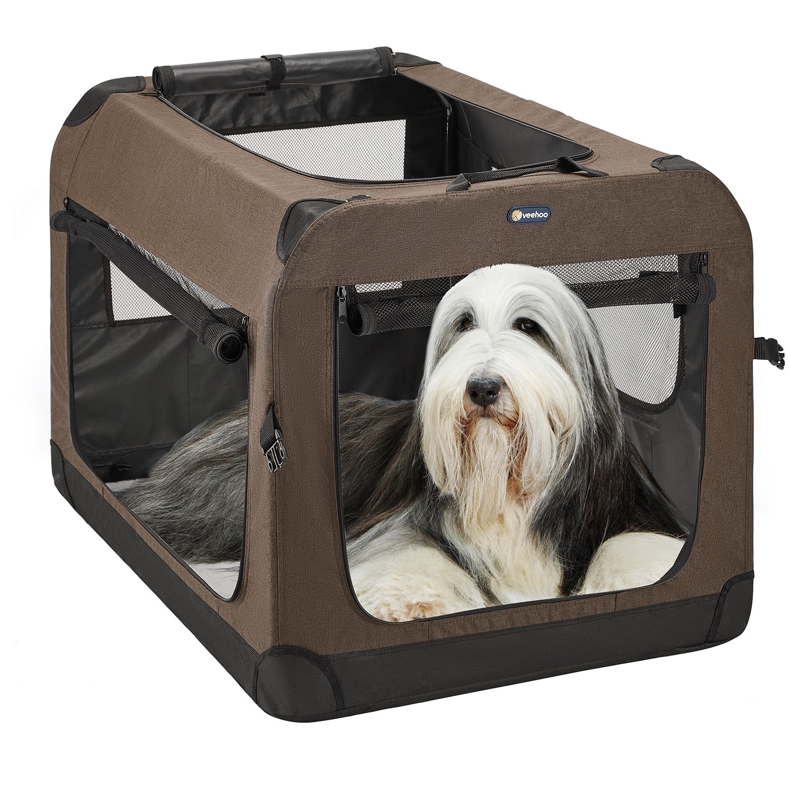 Veehoo Folding Soft Dog Crate, 3-Door Pet Kennel, 600D Cationic Oxford ... - Soft Dog Kennel Crate For Backyard Patio