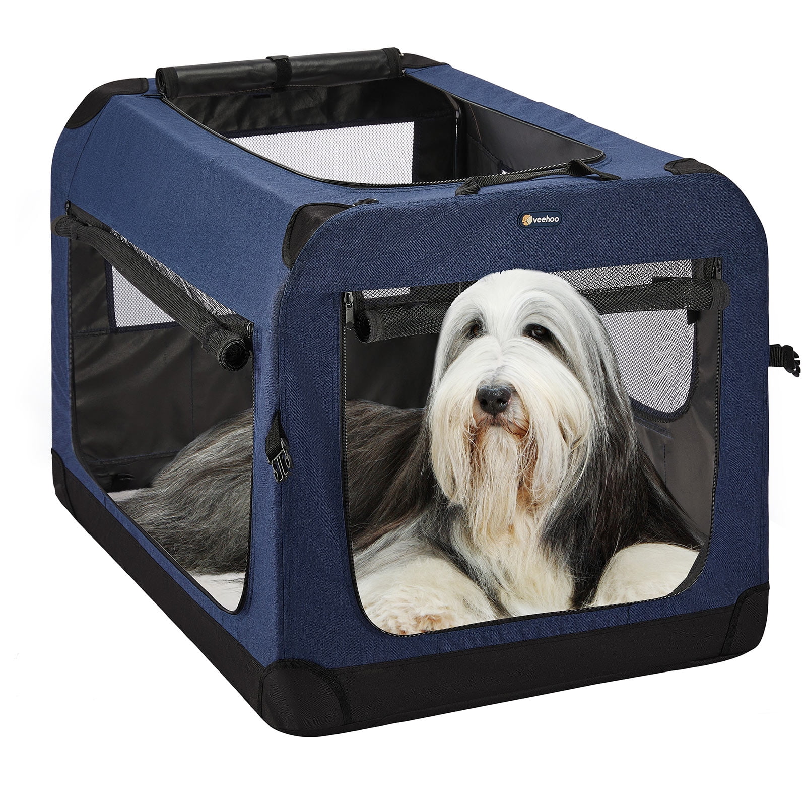 Veehoo Folding Soft Dog Crate 3 Door Pet Kennel 600D Cationic Oxford Fabric 40
