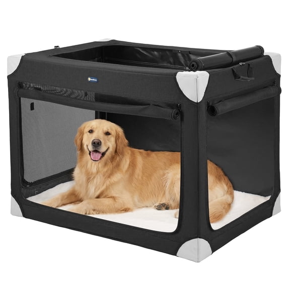 Veehoo 36" Large Soft Dog Crate, Collapsible Travel Pet Kennel with 4-Door Mesh Windows