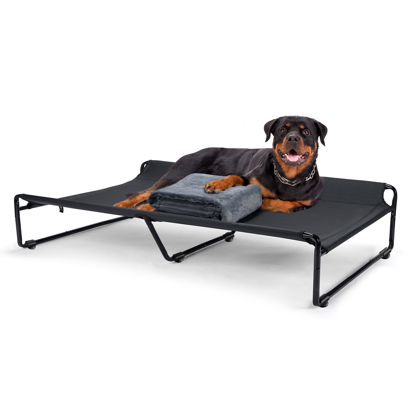 Image showcasing Veehoo Elevated Dog Bed with Dog Blanket, Outdoor Guardrail Raised Pet ...