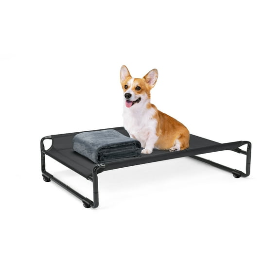 Veehoo Elevated Dog Bed with Dog Blanket, Outdoor Guardrail Raised Pet Cot, Medium, Black