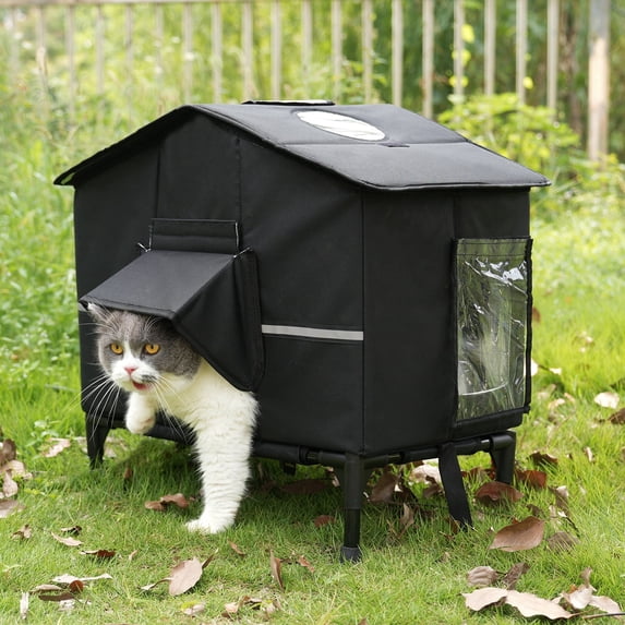 Veehoo Outdoor Cat House Weatherproof, Outside Insulated Feral Cat Shelter with Elevated Base, Waterproof Eaves & Escape Door for Stray Barn Cats, 25.6"x16.5"x22.4"