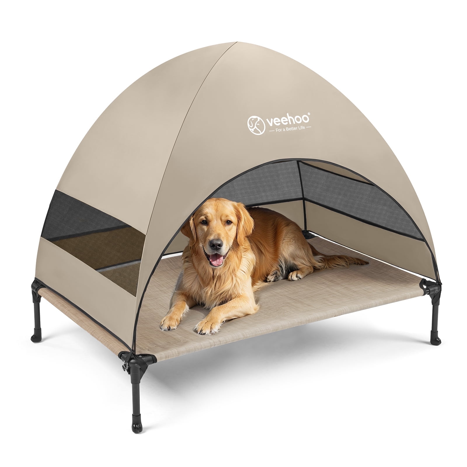 Veehoo Outdoor Dog Bed with Removable Canopy, Cooling Elevated Dog Cot Bed, Large, Beige Coffee