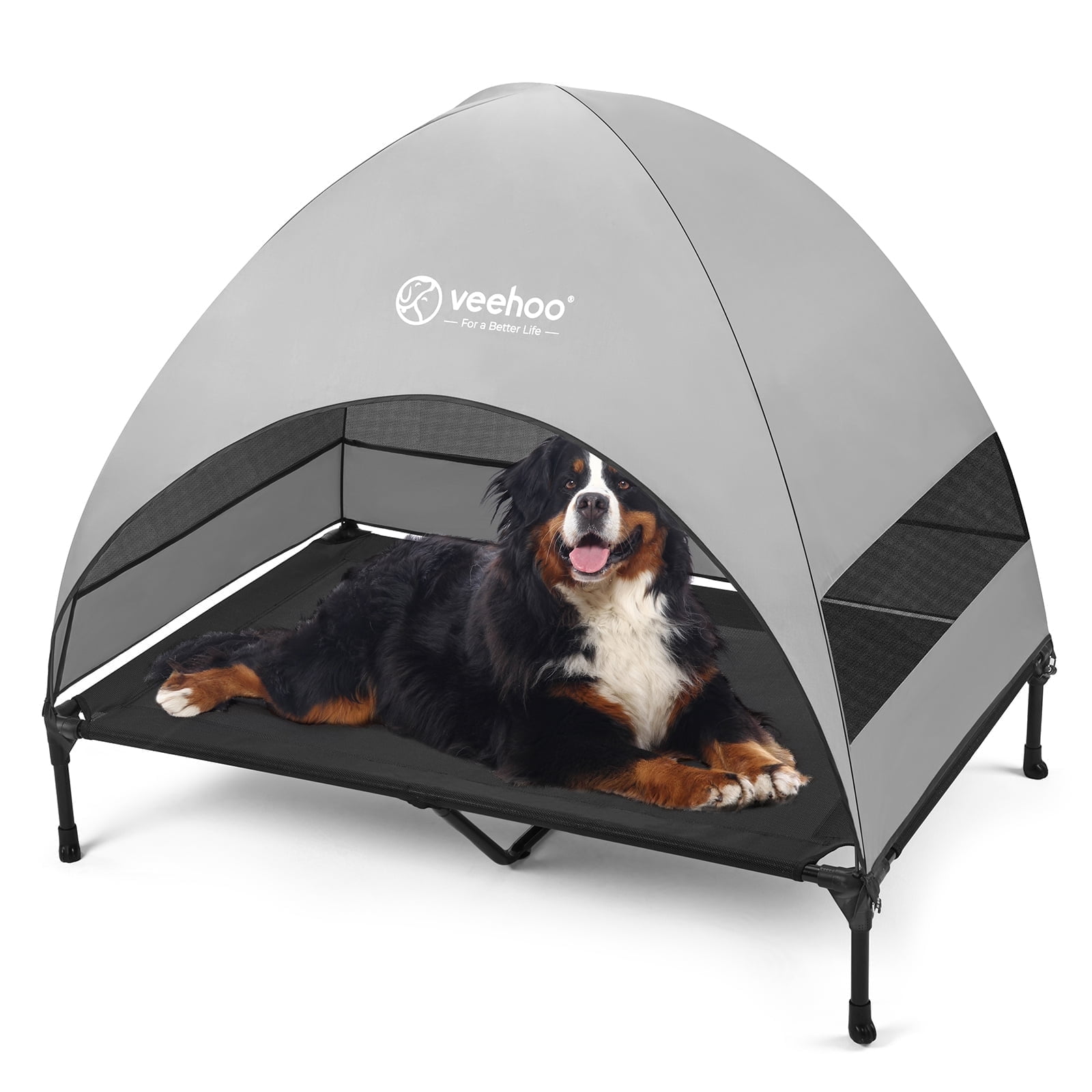 Veehoo Outdoor Dog Bed with Removable Canopy, Cooling Elevated Dog Cot Bed, XLarge, Black + Grey