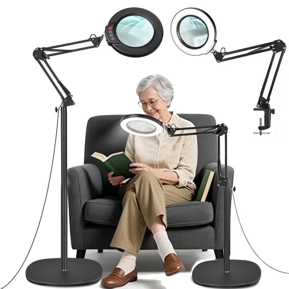 Veemagni 4.3 Inch Magnifying Glass with Light and Stand, Adjustable Stand & Clamp Floor Lamp, Real Glass Lens, 5 Dimmable Color Modes Hands Free for Reading, Crafts