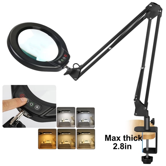 Veemagni 5 Inch Large Real Glass Magnifying Glass with Light and Stand, 5 Color Modes Stepless Dimmable, Long Swivel Arm LED Clamp Desk Lamp, Hands Free Lighted Magnifier for Reading Crafts Hobby