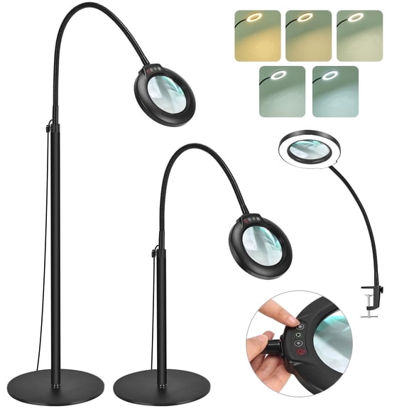 Veemagni 24" Magnifying Floor Lamp, Flexible Gooseneck, 5 Color Modes Stepless Dimmable, 3-in-1 Standing & Clamp Hands-Free LED Light for Crafts Reading Jewelry Making