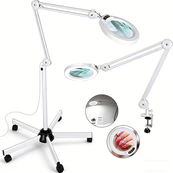 Veemagni 5 Inch Magnifying Glass with Light and Stand, Real Glass Lens, 5 Light Modes, Dimmable, Bright LED with Rolling Base for Salon, Skincare, Facials, Crafting, Detailed Work