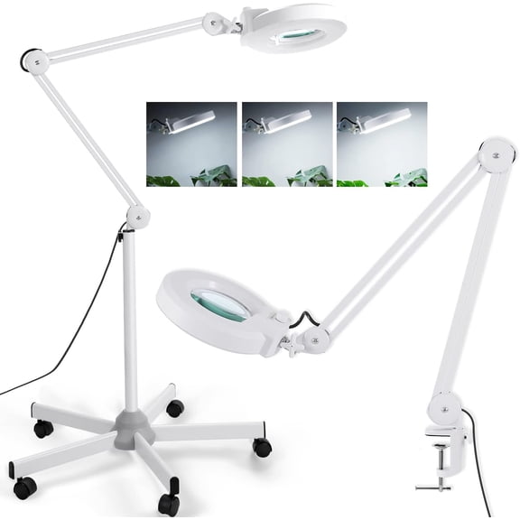 Veemagni LED Standing Magnifying Glass with Light & Stand, 1500 Lumens Stepless Dimmable, 5-Wheel Rolling Base for Estheticians Sewing Crafts