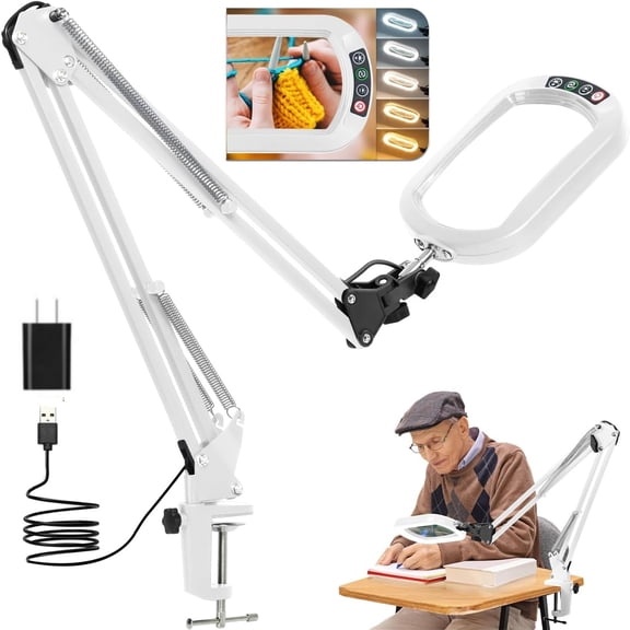 Veemagni Magnifying Glass with Light, 5 Color Modes Stepless Dimmable 2-in-1 Desk Lamp and Clamp, LED Lighted Magnifier with Light and Stand, Hands Free for Craft Hobby Painting Close Work - White