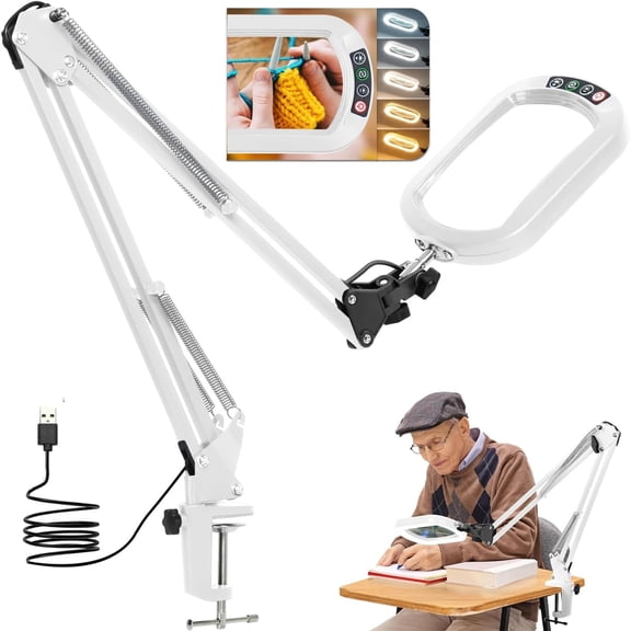 Veemagni Magnifying Glass with Light, 5 Color Modes Stepless Dimmable 2-in-1 Desk Lamp and Clamp, LED Lighted Magnifier with Light and Stand, Hands Free for Craft Hobby Painting Close Work - White