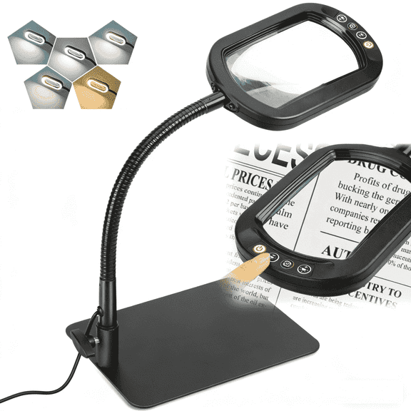 Veemagni Lighted Magnifying Glass with Stand, Rectangle Real Glass Flexible Gooseneck 5 Color Modes Stepless Dimmable for Crafts Close Work