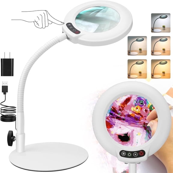 Veemagni Real Glass Magnifying Glass with Flexible Gooseneck & Stand, 5 Color Modes Stepless Dimmable for Crafts Close Work - White