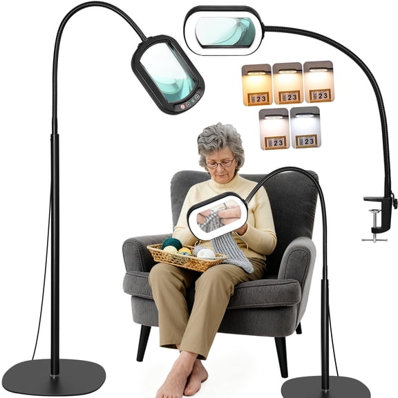Veemagni Magnifying Glass with Light and Stand, Rectangular Real Glass Lens, 24" Flexible Gooseneck 3-in-1 Floor Lamp,5 Color Modes, Stepless Dimmable, Hands Free for Craft Hobby Reading.