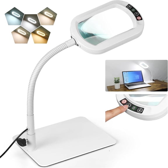 Veemagni Lighted Magnifying Glass with Stand, Rectangle Lens Flexible Gooseneck 5 Color Modes Dimmable for Close Work Reading Painting - White