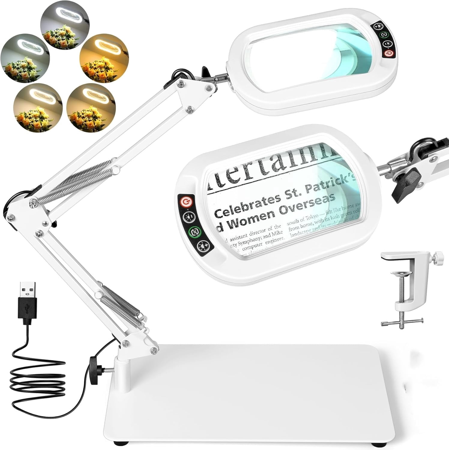 Veemagni Magnifying Glass with Light, Square Real Glass LED Desk Lamp 5 Color Modes Stepless Dimmable Hands-Free Stand & Clamp for Hobby Close Work - White