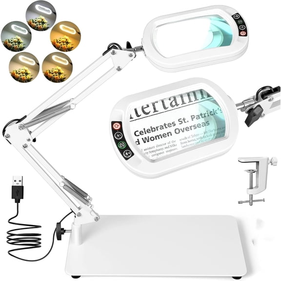Veemagni Magnifying Glass with Light, Square Real Glass LED Desk Lamp 5 Color Modes Stepless Dimmable Hands-Free Stand & Clamp for Hobby Close Work - White