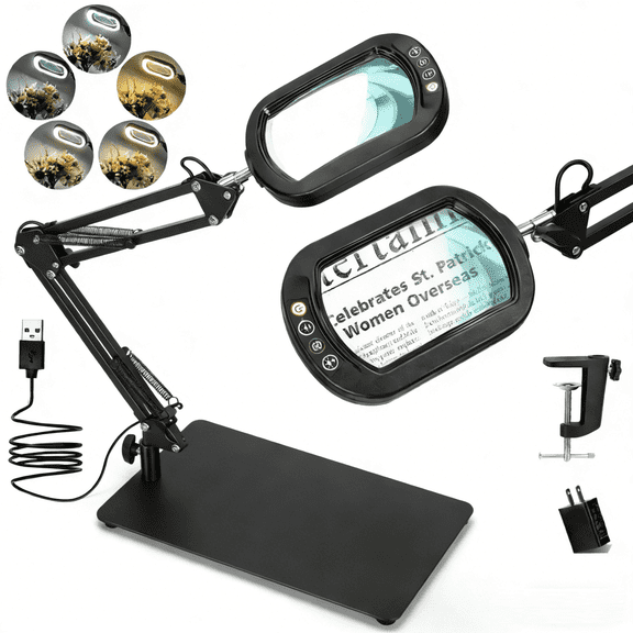 Veemagni Square Magnifying Glass with Light and Stand - Real Glass LED Magnifier with Clamp, 5 Color Modes Stepless Dimmable Hands-Free Desk Lamp for Reading Craft Hobby Close Work - Black