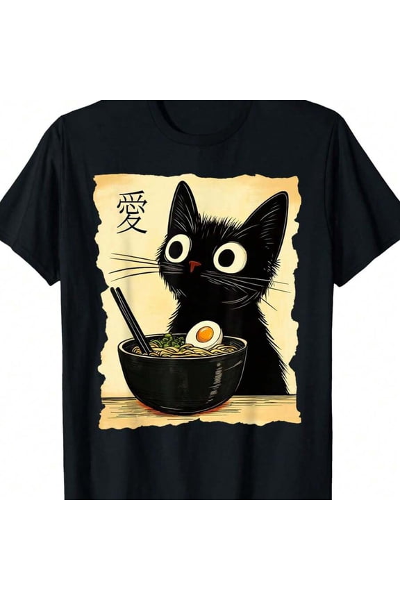Veenajo T-Shirt Short-Sleeve Funny Cat Ramen Pattern T-Shirt, Japanese Kawaii Anime Cat T-Shirt 100% Cotton Adults Teens Cotton Tshirts, S-3XL