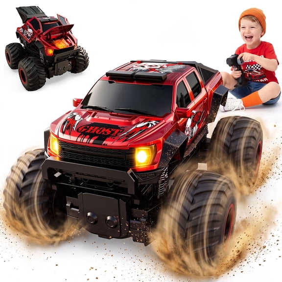 Veeniix V998 Exploding RC Monster Truck, RC Car Crash Transform, Mist Spray, Lights and Sounds, Upright Stunt, Ages 3+, Red