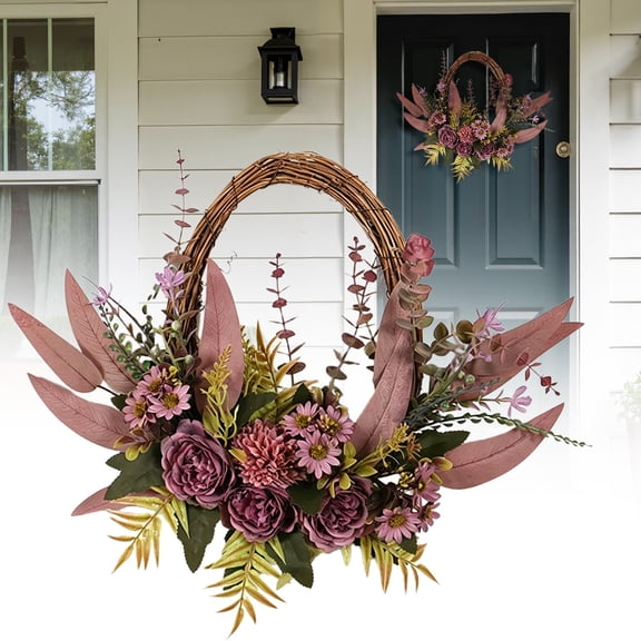 Veeogra Artificial Floral Wreath,Front Door Wreath,14" Red Rose Daisy Oval Rattan Wreath,Rustic Handmade Floral Decor,Spring Summer Wreaths,Front Door Entryway Decor,Outdoor Wreaths For Front Door