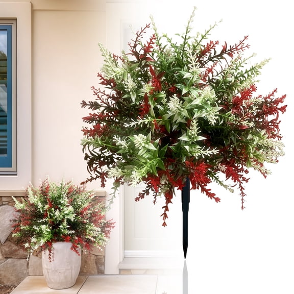 Veeogra Artificial Red Lavender Flowers Plants,Fake Faux Bushes Shrubs,Look Real Topiary Ball Trees,Evergreen With Ground Spike,Uv Resistant Weatherproof,Indoor & Outdoor Front Porch Decor