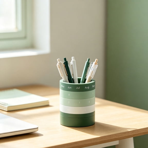Veeogra Green Perpetual Calendar Pencil Cup,Pen Holder With Calendar,Modern Desk Organizer,Multi-Functional Stationery,Reusable Date Week Month Day Slider Blocks,Office Desk Accessory,Makeup Storage