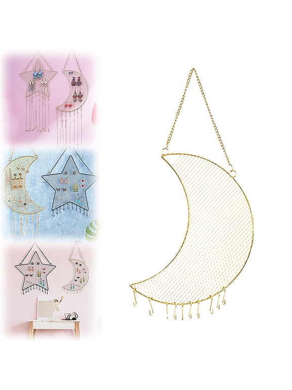 Hanging Jewelry Stand Decorative Jewelry Display Rack Hooks Hanging Hooks Jewelry Rack Metal Star Moon Earring Holder 11.8X11.8In Wall Mounted Organizer Gold Grid Display Rack For Necklace