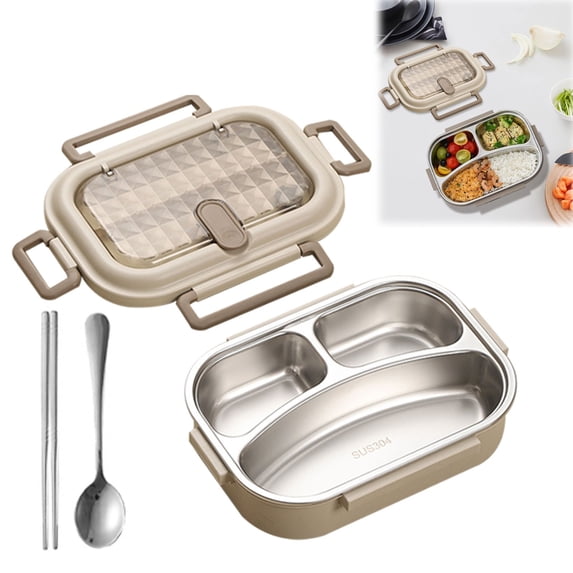 Veeogra Stainless Steel Insulated Lunch Box 3 Compartments with Soup Bowl Spoon and Fork,Leak Proof Microwaveable Bento Box for Adults,Portable Food Container for Work