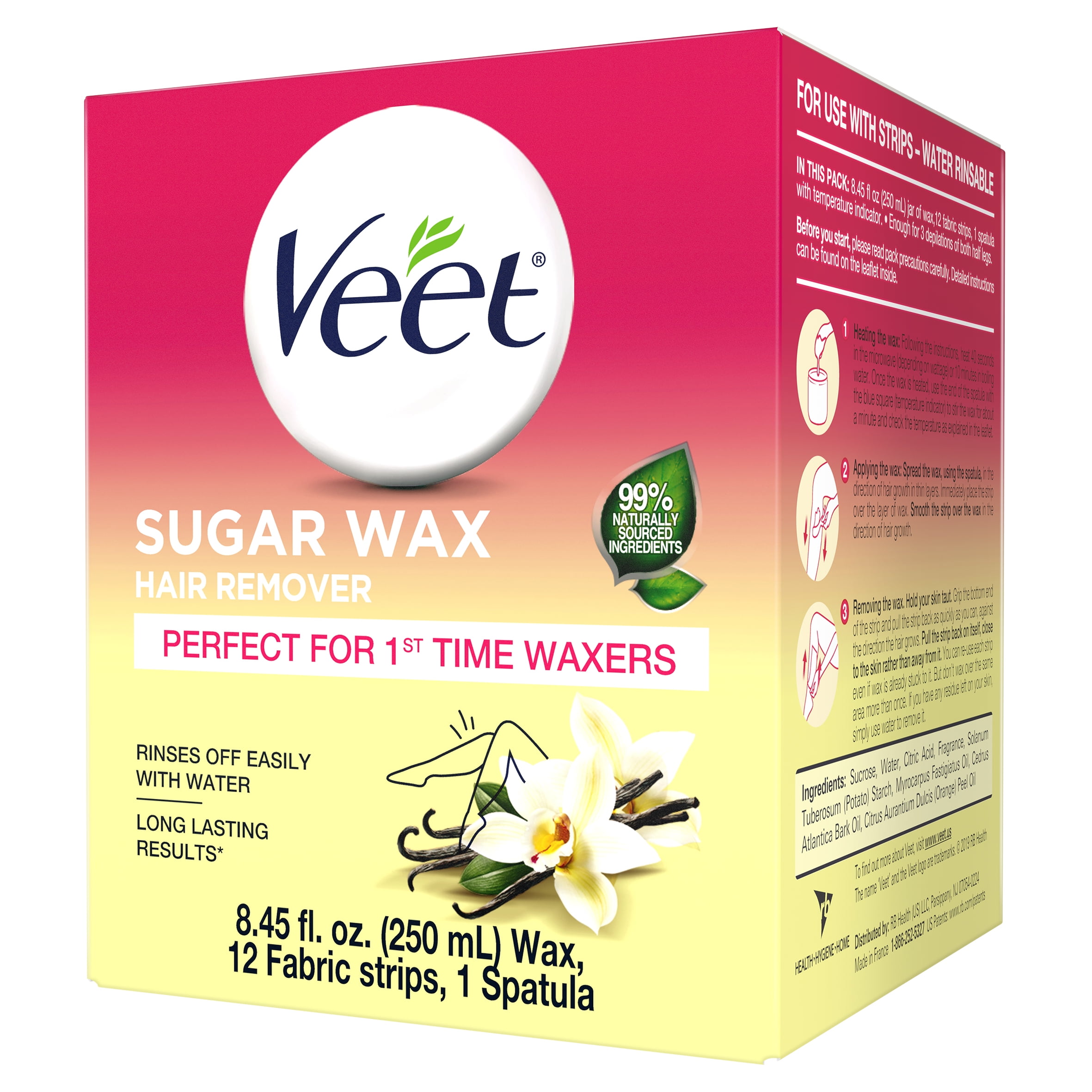 Hair Removal Wax- VEET Sugar Wax, Hair Remover Waxing Kit with Essential Oils and Floral Vanilla Fragrance, 250ml Wax and 12 Fabric Strips with 1 Spatula