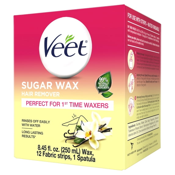 Hair Removal Wax- VEET Sugar Wax, Hair Remover Waxing Kit with Essential Oils and Floral Vanilla Fragrance, 250ml Wax and 12 Fabric Strips with 1 Spatula