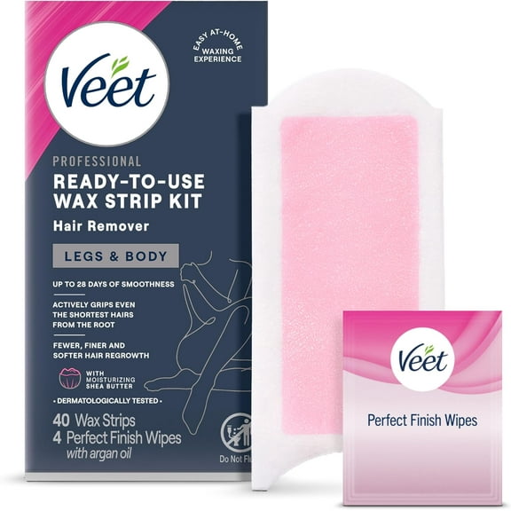 VEET Sugar Wax Strips For Women's Body Hair Removal, Bikini Hair Removal Kit, Pubic, Dermatologically Tested For Body & Intimate Areas, 40ct Wax Strips with Shea Butter & 4ct Wipes