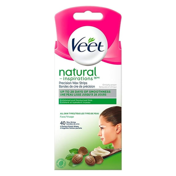 Veet Natural Inspirations Precision Wax Strips Face All Skin Types, 40 ct + 4 Perfect Finish Wipes