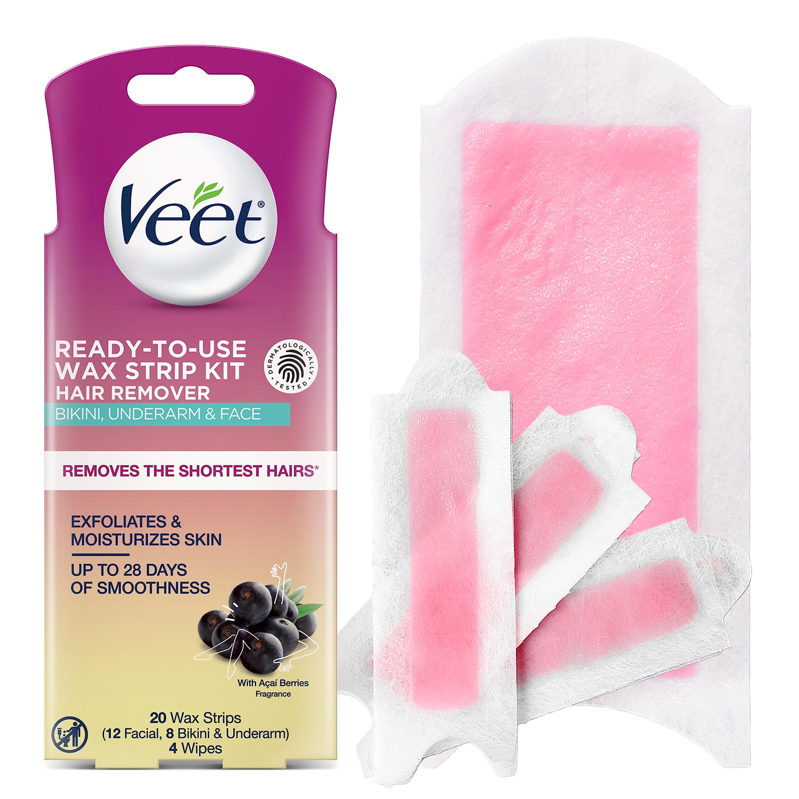 Veet Wax Strips Hair Removal Kit For Face, Underarms, Bikini, Dermatologically Tested, 20Ct Wax