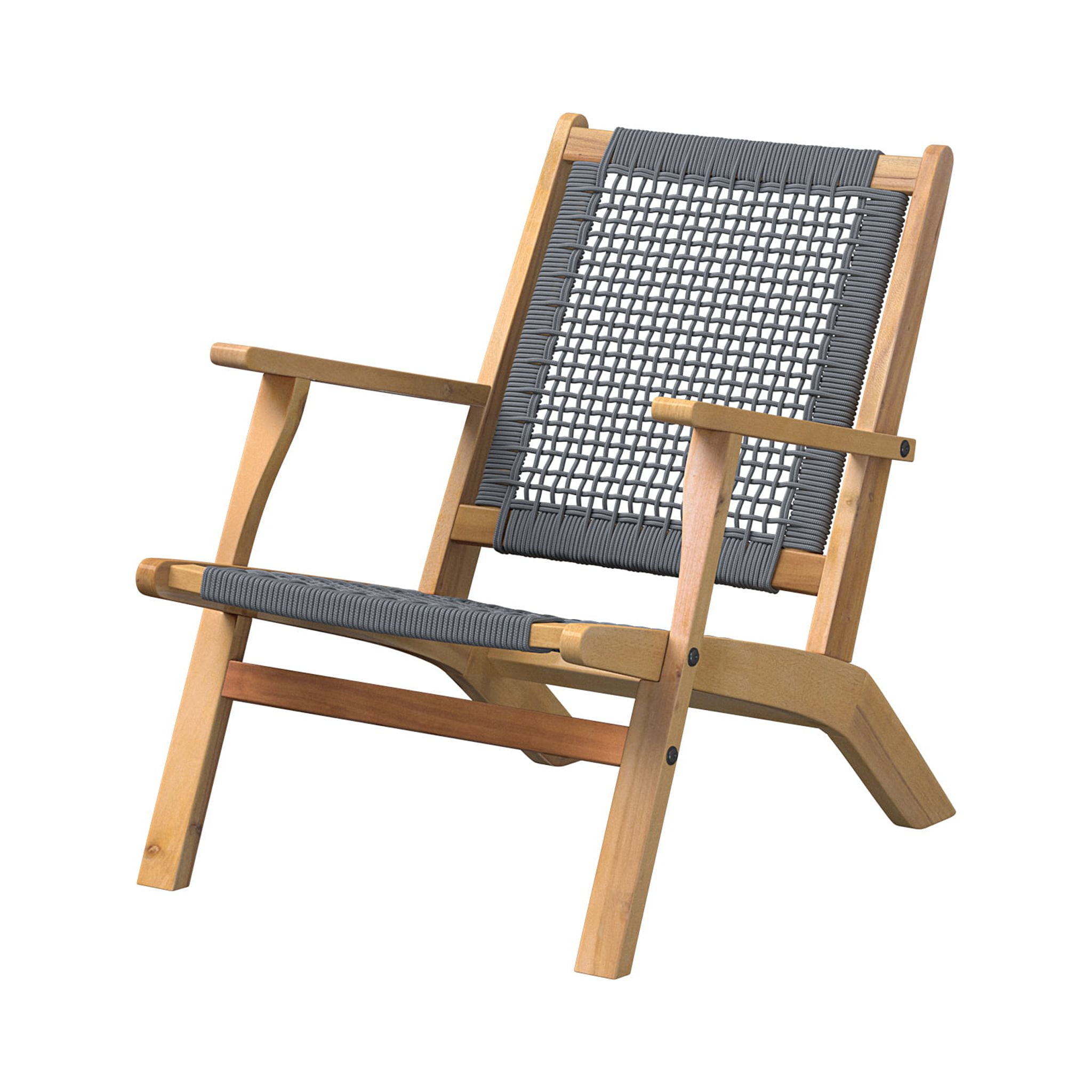 Vega Midcentury Natural Acacia Wood Outdoor Chair with Gray Cording