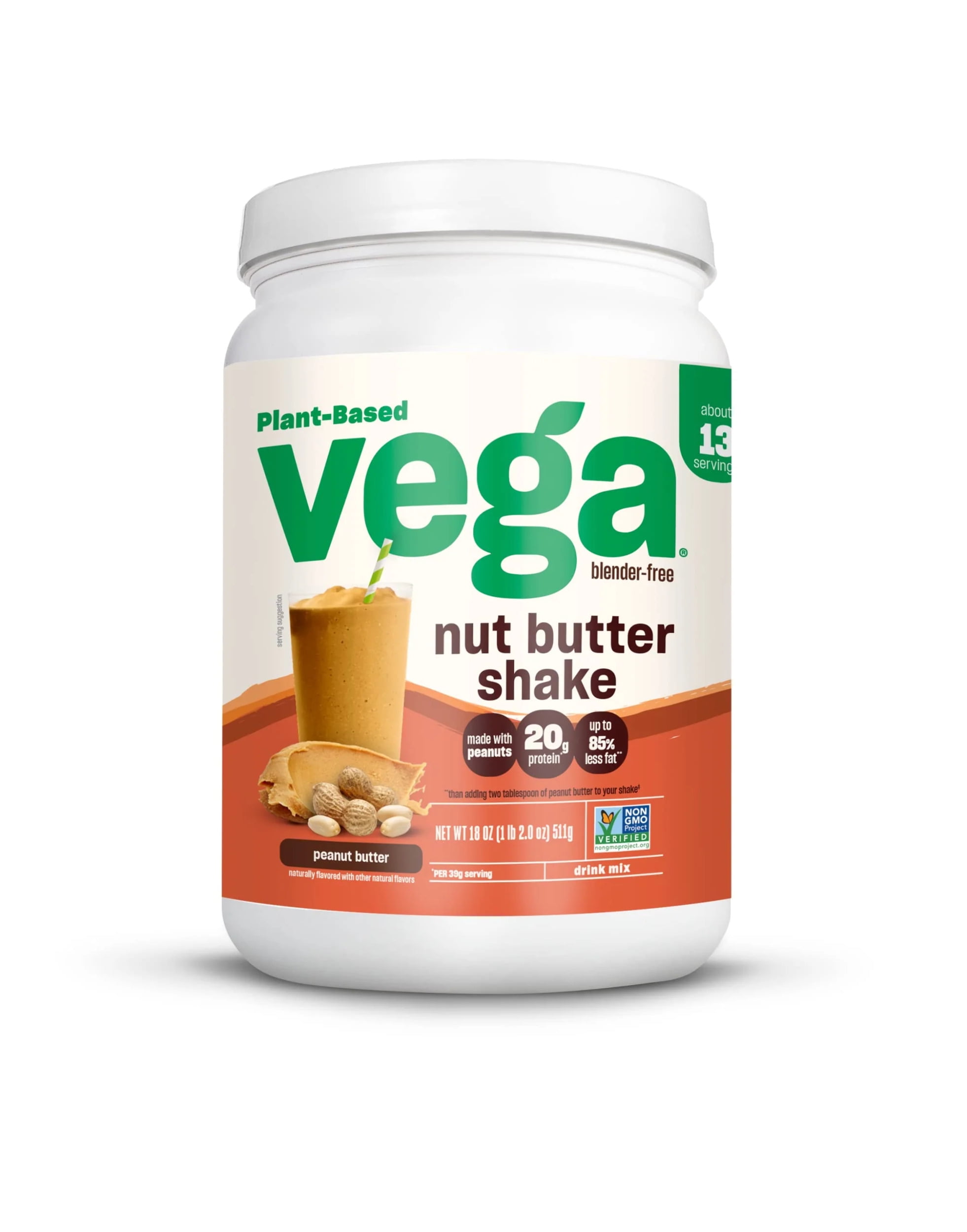 Vega Nut Butter Shake, Peanut Butter - Vegan Protein Powder, 20g Protein, Real Food Ingredients, No Added Sugar, 1.36 lbs