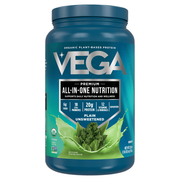 Vega Organic All-in-One Shake Plant Based Protein Powder, Unsweetened, 20 Servings (26.9oz)