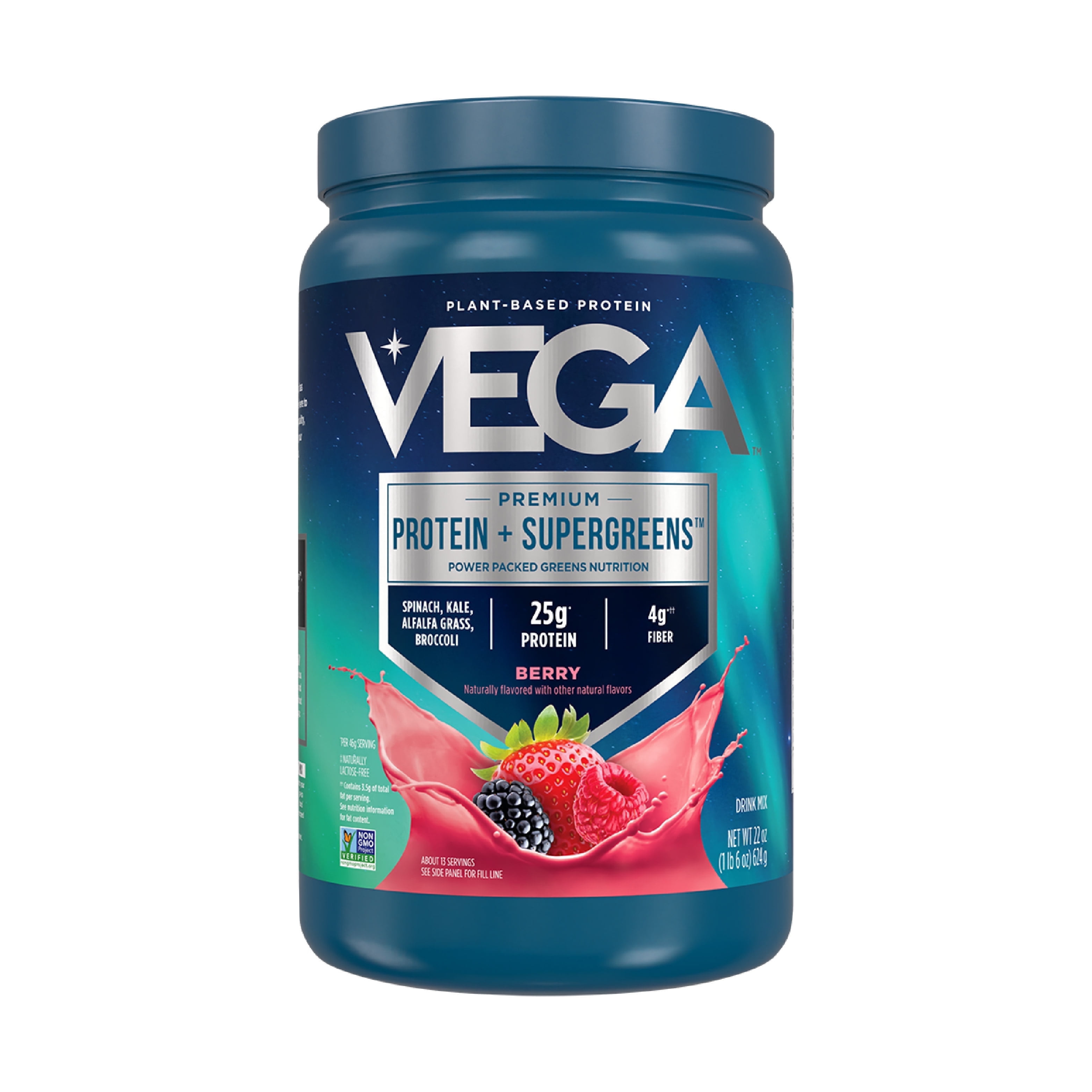 Vega Protein + Supergreens Premium Protein Powder, Berry, 13 Servings, 22oz
