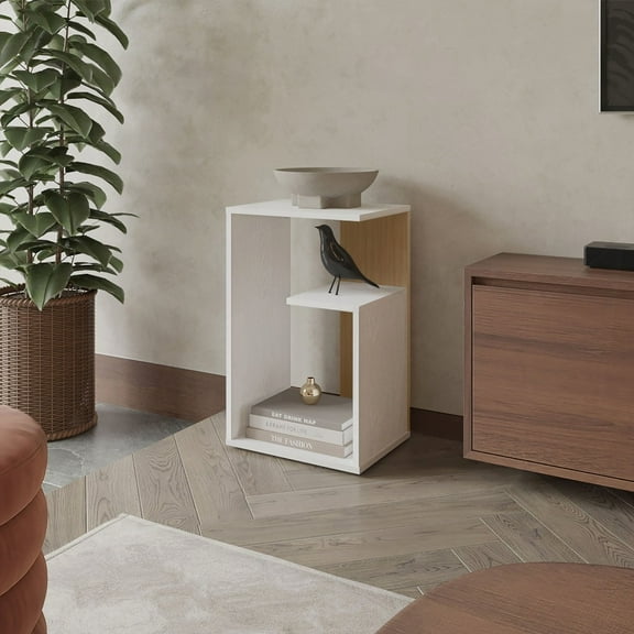 Vega Side Table with Open Storage in Melamine, White & Light Oak for Home Decor