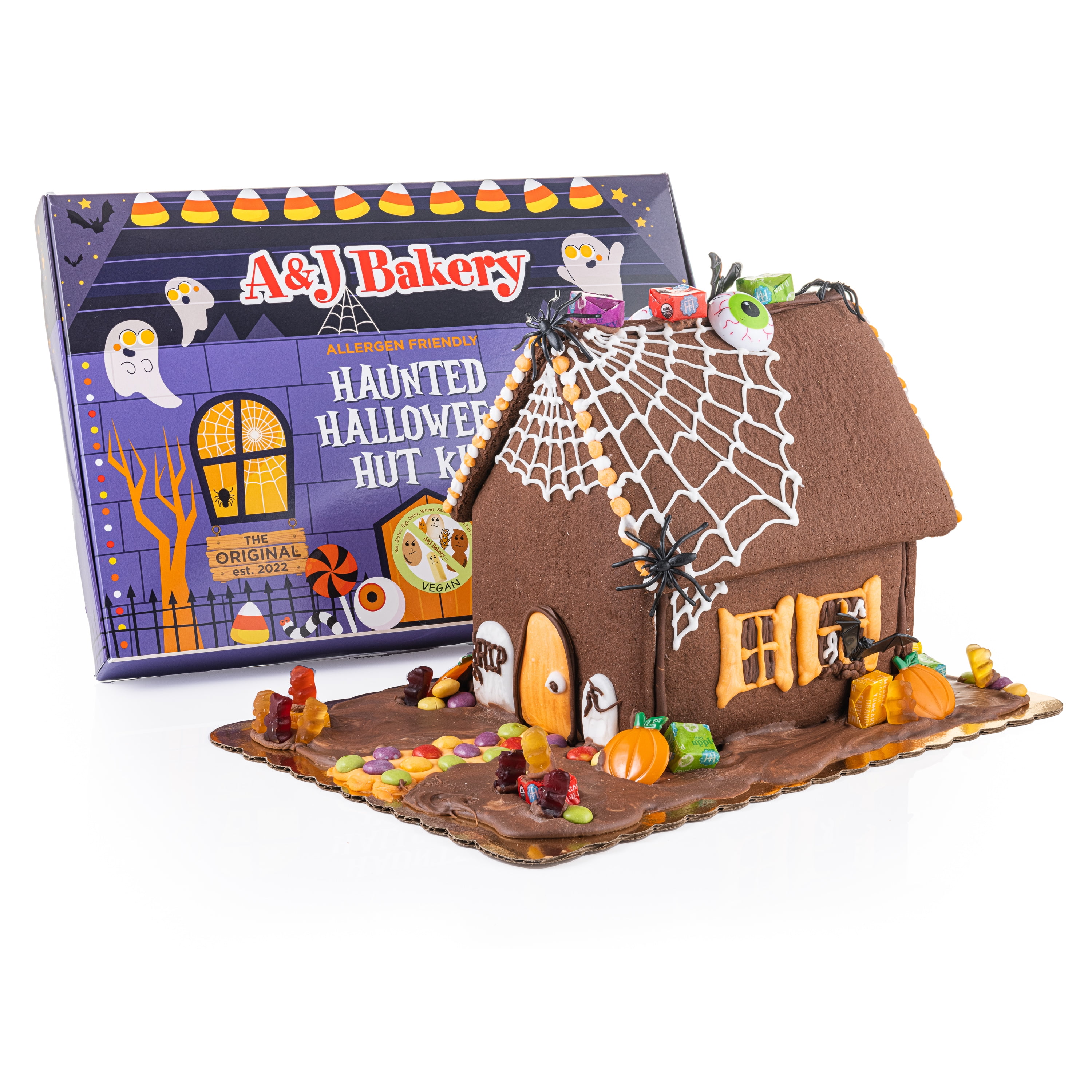 Vegan Allergen-Friendly Gluten Free Chocolate Cookie Haunted House Kit 6 Pre-Baked Pieces, Display Board, Allergen-Free Candy, & Non-Edible Decorating Figures