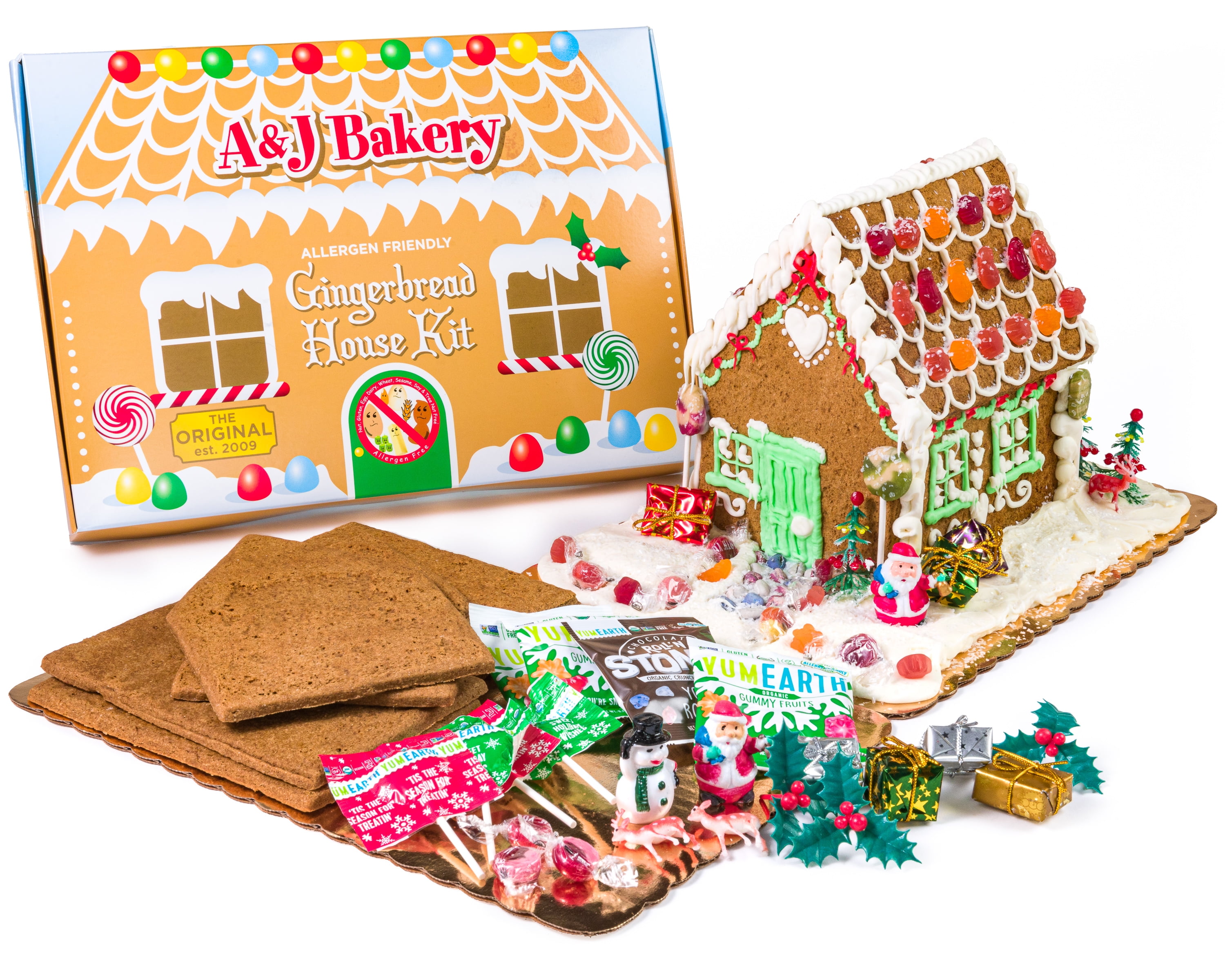 Vegan Allergen-Friendly Gluten-Free Gingerbread House Kit 6 Pre-Baked Pieces, Display Board, Allergen-Free Candy, & Non-Edible Decorating Figures