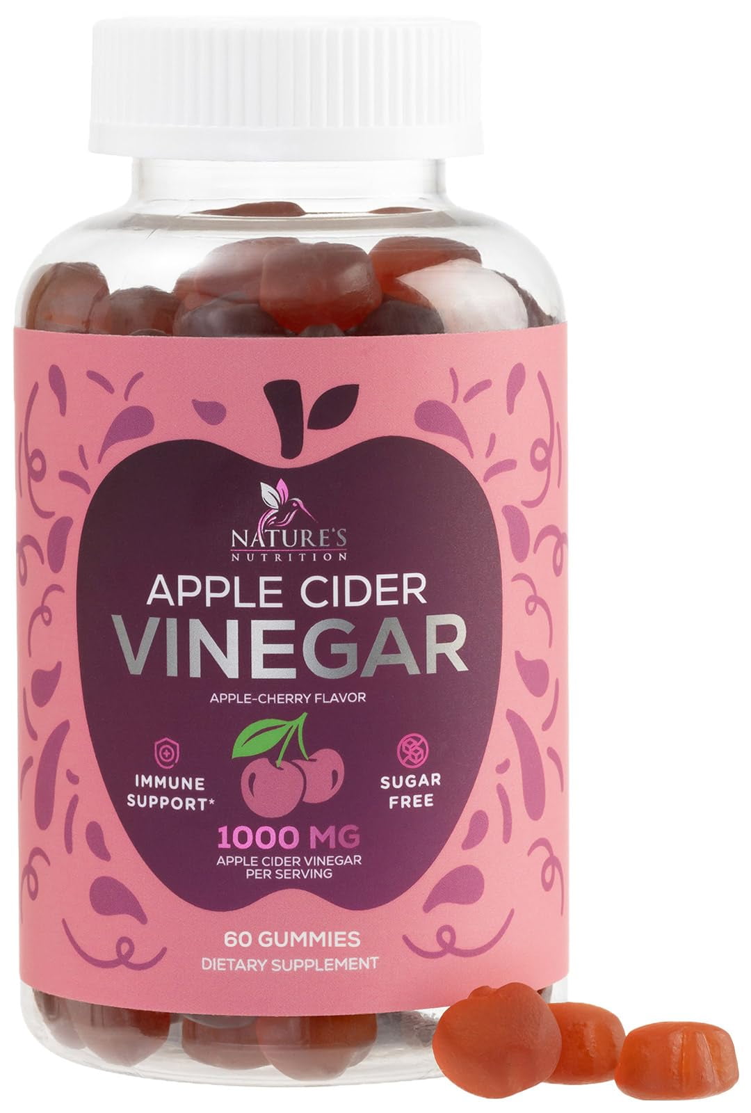 Vegan Apple Cider Vinegar Gummies 1000mg - Sugar Free ACV Vitamins Supplement - Gelatin-Free, Vegan, Non-GMO, Made with Vitamin B12 for Energy - Supports Digestion, Detox and Cleanse - 60 Gummies