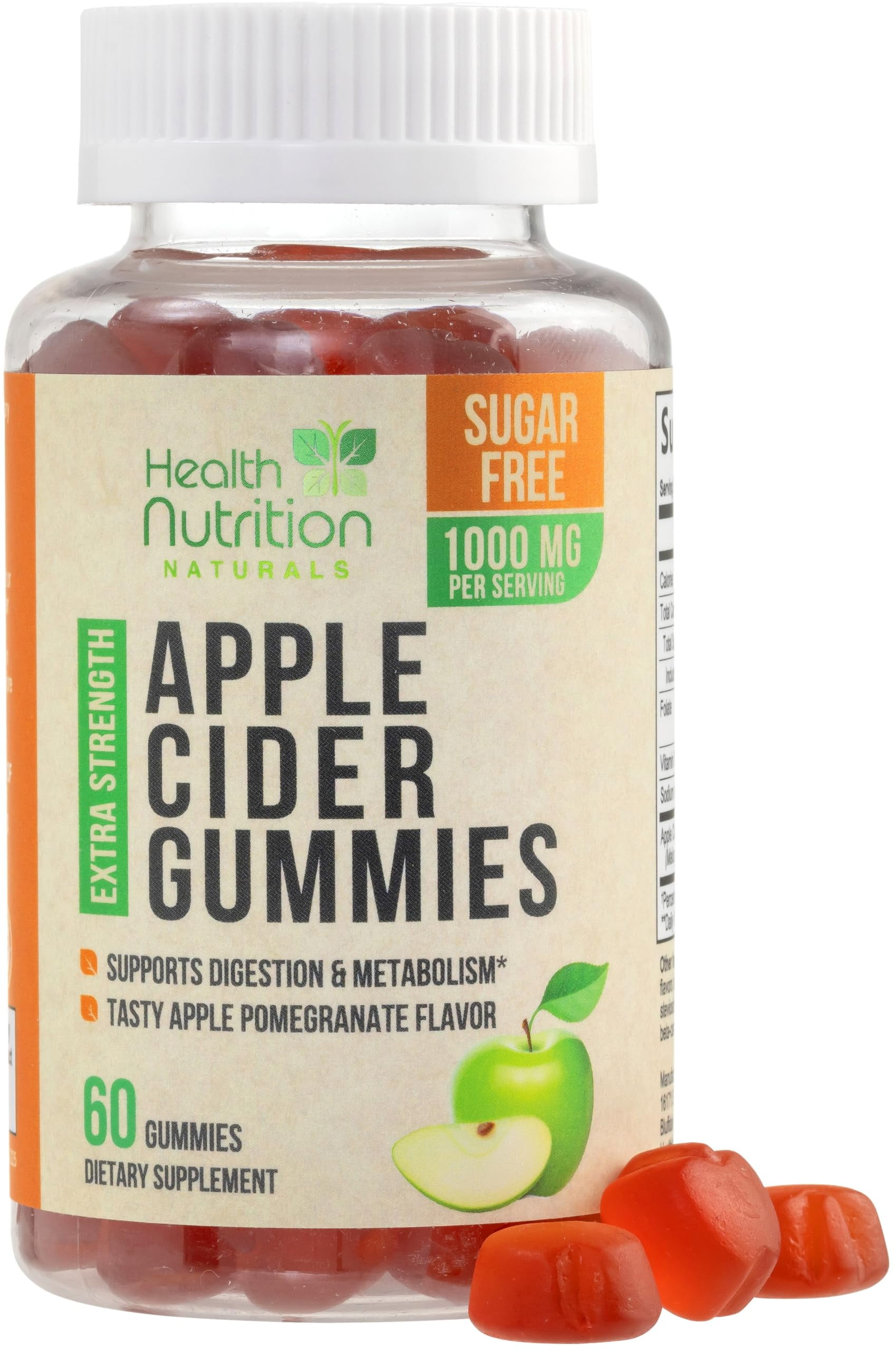 Vegan Apple Cider Vinegar Gummies | Max Strength 1000mg | Sugar Free ACV Supplement Gummy Vitamins Supports Digestion, Metabolism, Natural Apple Flavor with Mother, Non-GMO, Gluten Free - 60 Gummies