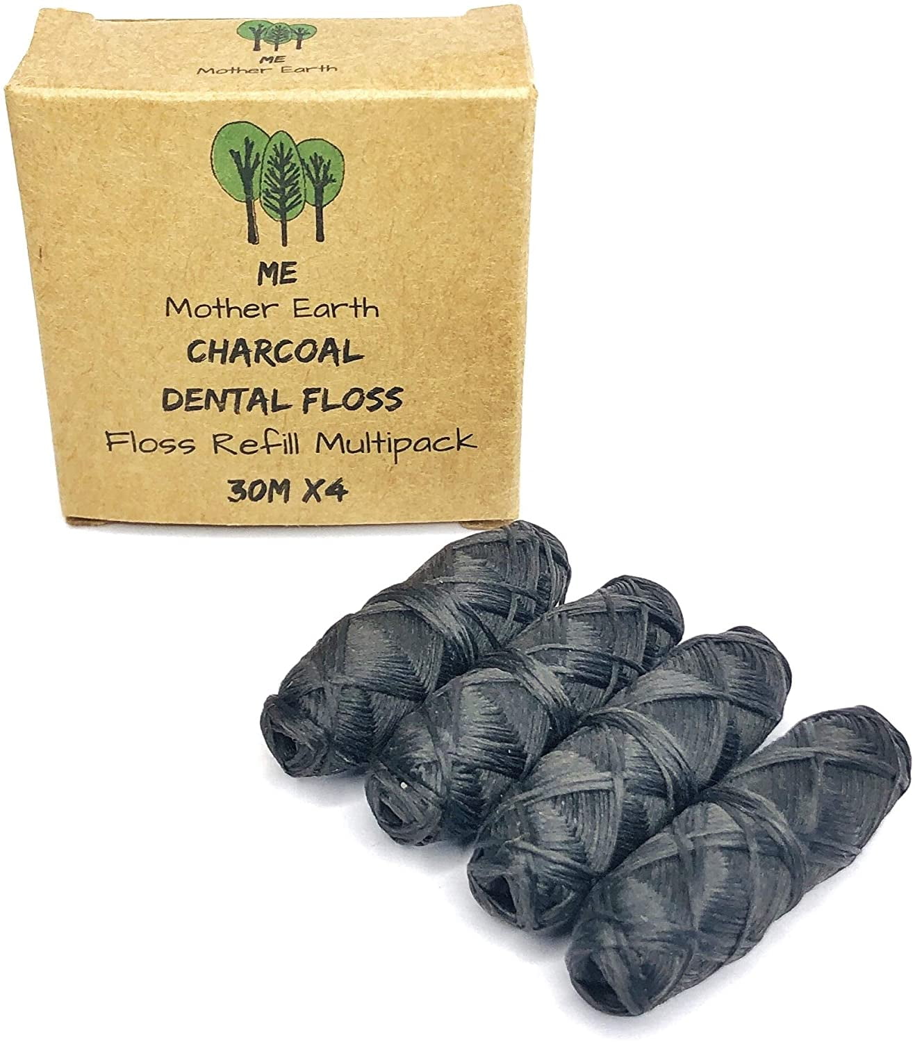 Vegan Biodegradable Bamboo Charcoal Dental Floss Refill | Natural Candelilla Wax 30M x4 Peppermint Essential Oil Eco Friendly Zero Waste Oral Care 4 Pack