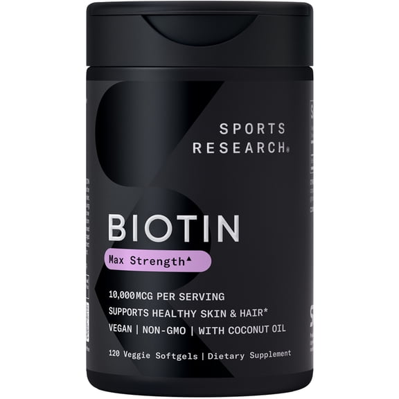 Sports Research Vegan Biotin 10,000mcg with Organic Coconut Oil - Max Strength Hair Vitamin B7 (120 Veggie Softgels)